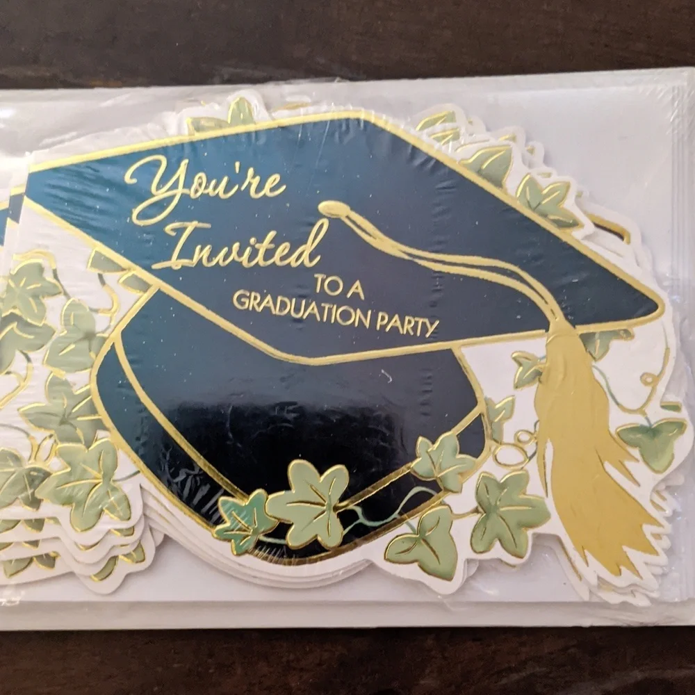 VTG Graduation Party Designer Greetings Gold Foil Black Tassel Cap Invitations